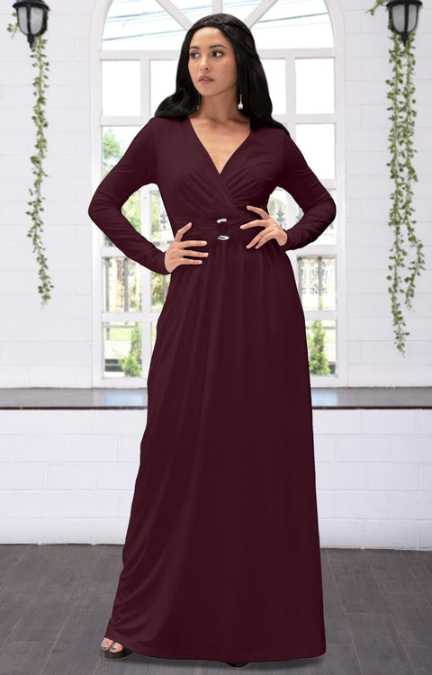 RAIVA - Long Sleeve Modest Flowy V-neck Fall Casual Maxi Dress Gown - Maroon Wine Red / 2X Large