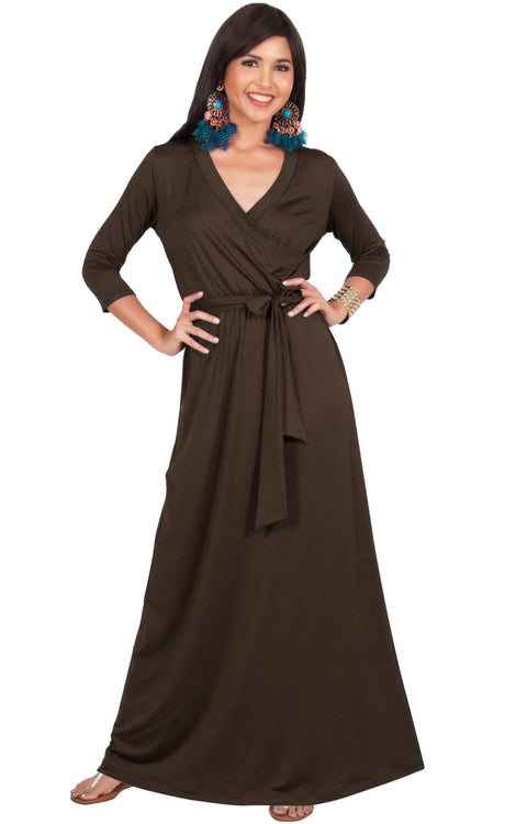 REESE - Long Sleeve Maxi Dress Evening Gown 3/4 Empire Waist V-Neck - Dark Brown / 2X Large