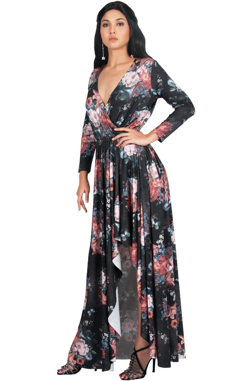 REXI - Long Sleeve Flowy V-neck Floral Print Casual Maxi Dress Gown