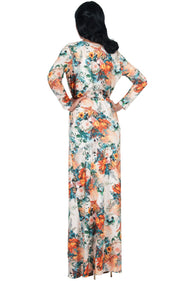 REXI - Long Sleeve Flowy V-neck Floral Print Casual Maxi Dress Gown