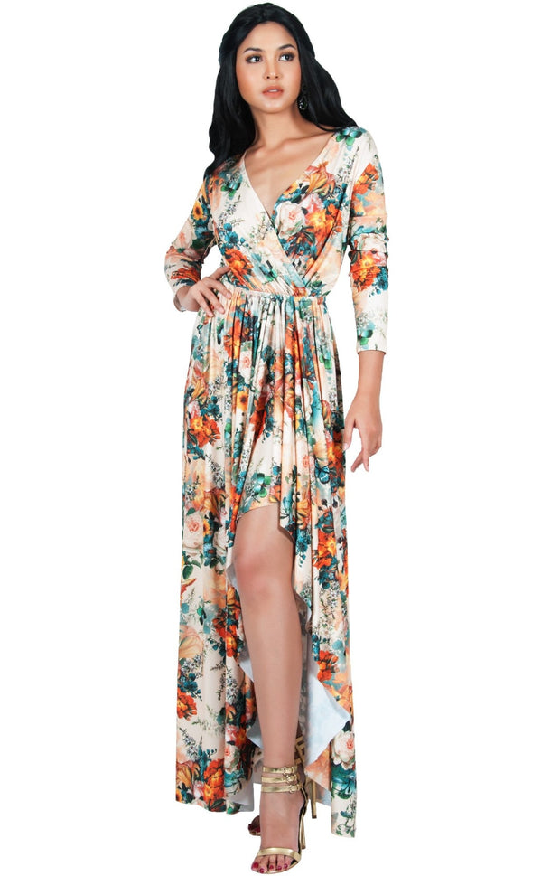 REXI - Long Sleeve Flowy V-neck Floral Print Casual Maxi Dress Gown - Beige & Orange / Large