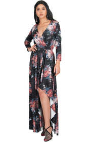 REXI - Long Sleeve Flowy V-neck Floral Print Casual Maxi Dress Gown - Black & Pink / Large