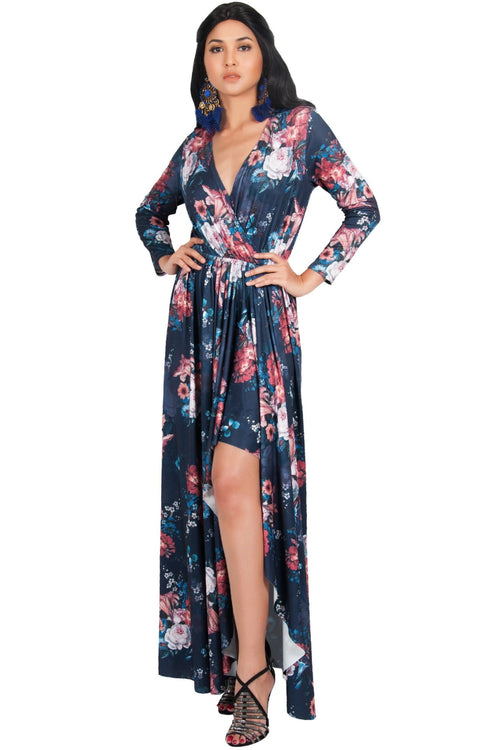 REXI - Long Sleeve Flowy V-neck Floral Print Casual Maxi Dress Gown - Navy Blue & Pink / Large
