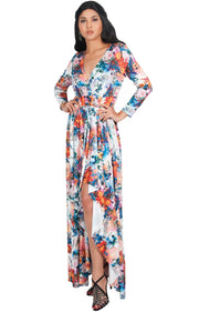 REXI - Long Sleeve Flowy V-neck Floral Print Casual Maxi Dress Gown - White & Orange / Large