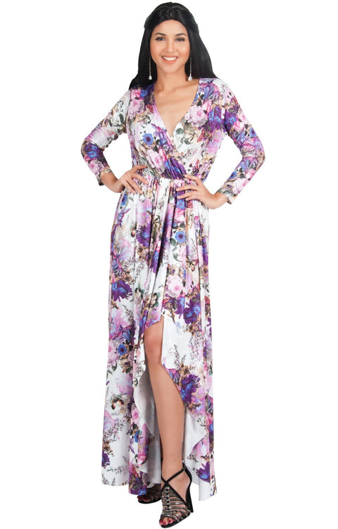 REXI - Long Sleeve Flowy V-neck Floral Print Casual Maxi Dress Gown - White & Purple / Large