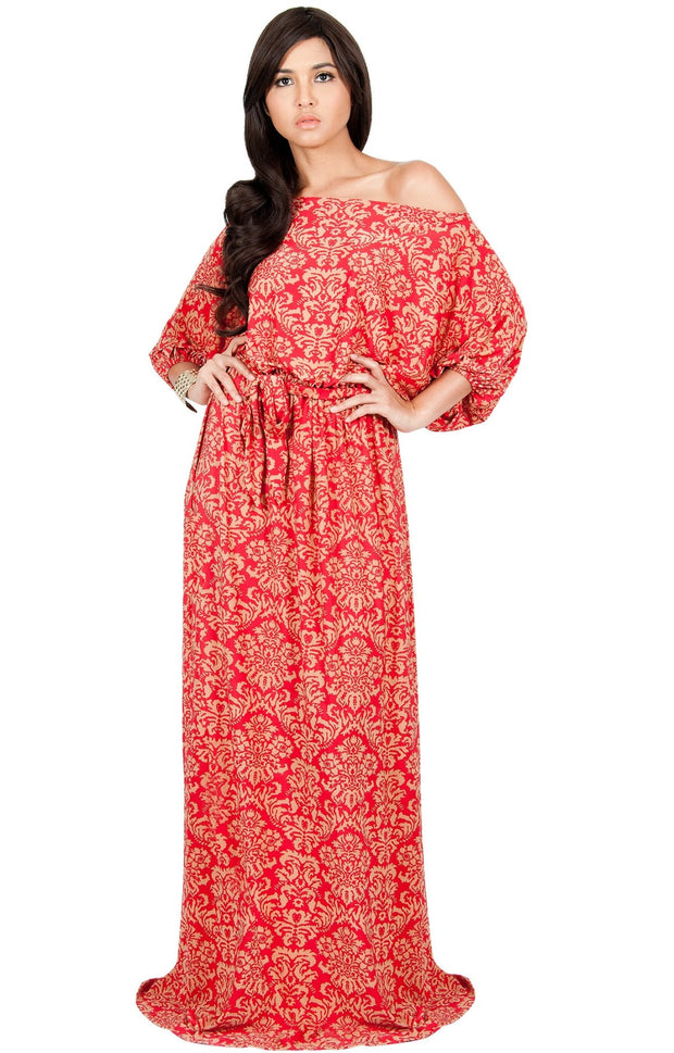 ROSA - One Shoulder 3/4 Sleeve Vintage Print Maxi Dress - Red & Beige / 2X Large