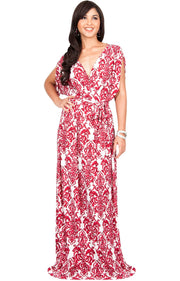 ROXANNE - Short Sleeve Lace Print V-Neck Elegant Maxi Dress - Red & White / 2X Large