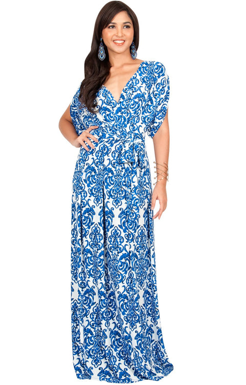 ROXANNE - Short Sleeve Lace Print V-Neck Elegant Maxi Dress - Royal Blue & White / 2X Large