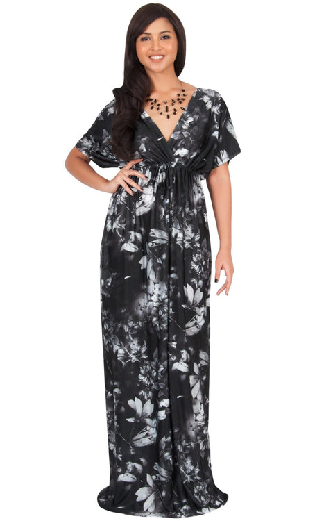 RUVA - Sun Summer Beach Flower Long Kimono Casual Print Maxi Dress - Black & Gray / 2X Large
