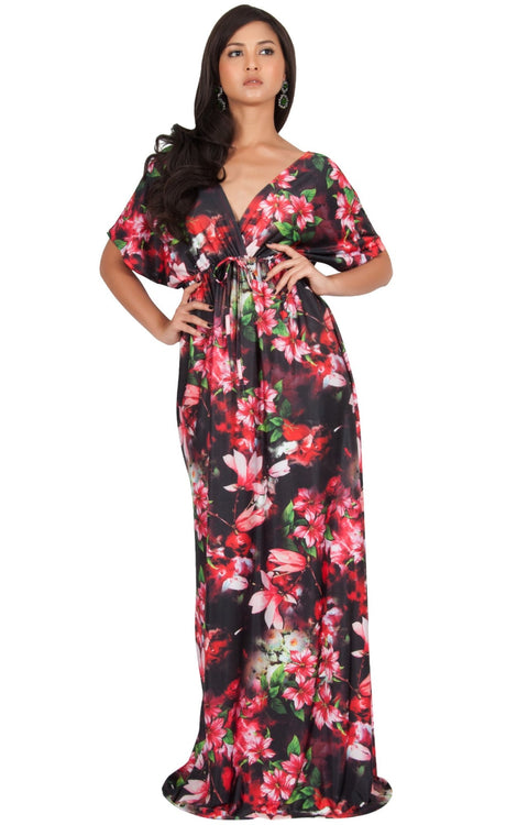 RUVA - Sun Summer Beach Flower Long Kimono Casual Print Maxi Dress - Red & Black / 2X Large