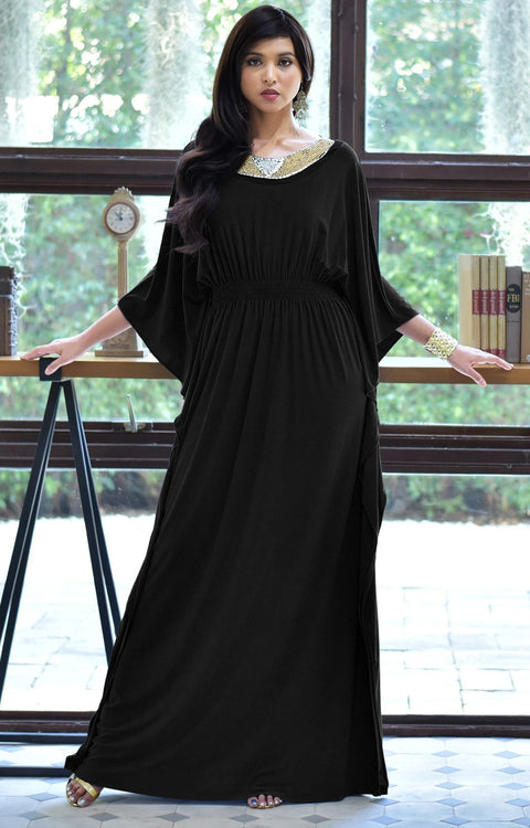 SAFFIANA - Flowy Dolman Sleeve Maxi Dress Long Kaftan Flattering Abaya - Black / 2X Large