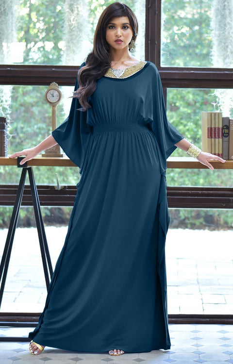 SAFFIANA - Flowy Dolman Sleeve Maxi Dress Long Kaftan Flattering Abaya - Blue Teal / 2X Large