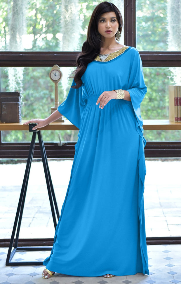SAFFIANA - Flowy Dolman Sleeve Maxi Dress Long Kaftan Flattering Abaya - Blue Teal Quartz / 2X Large