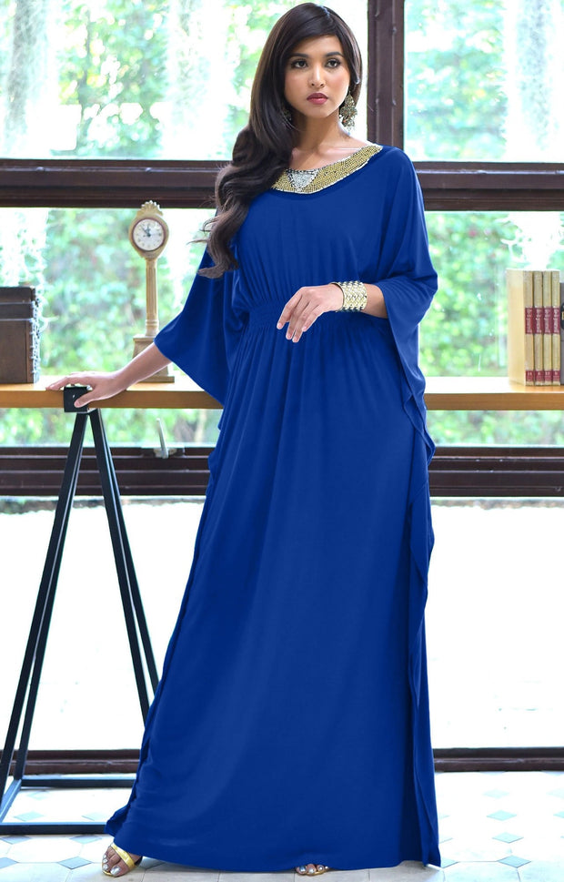 SAFFIANA - Flowy Dolman Sleeve Maxi Dress Long Kaftan Flattering Abaya - Cobalt Royal Blue / Small