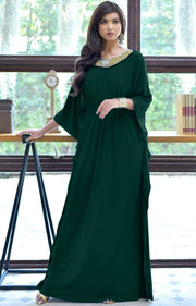 SAFFIANA - Flowy Dolman Sleeve Maxi Dress Long Kaftan Flattering Abaya - Emerald Green / 2X Large