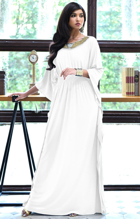 SAFFIANA - Flowy Dolman Sleeve Maxi Dress Long Kaftan Flattering Abaya - Ivory White / 2X Large