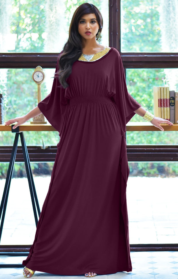 SAFFIANA - Flowy Dolman Sleeve Maxi Dress Long Kaftan Flattering Abaya - Maroon Wine Red / Small