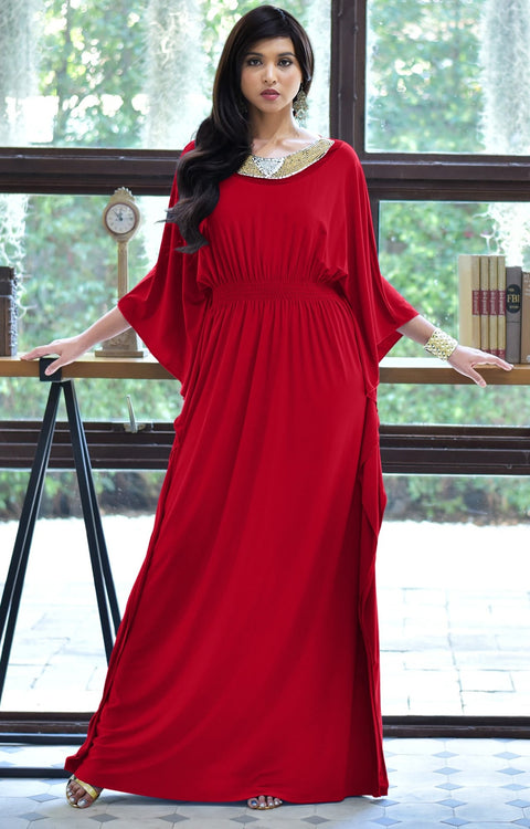 SAFFIANA - Flowy Dolman Sleeve Maxi Dress Long Kaftan Flattering Abaya - Red / 2X Large