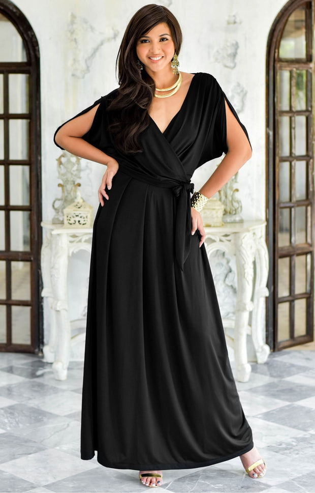 SAMANTHA - Short Sleeve Maxi Dress Flowy Maternity Formal Evening Wear - Black / 2X Large
