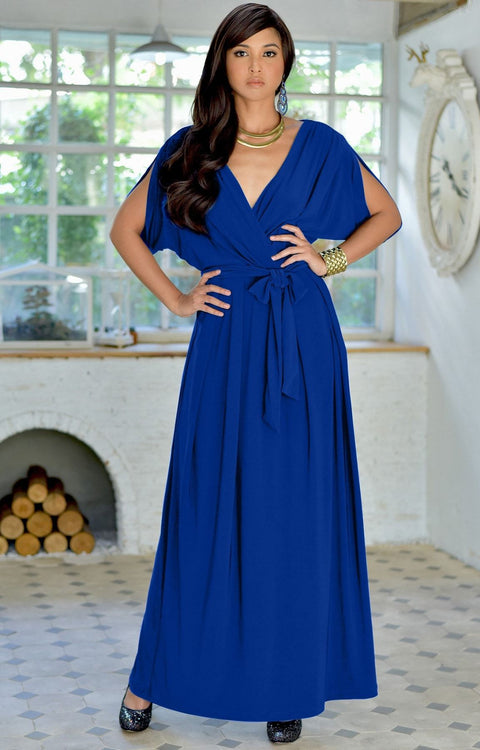 SAMANTHA - Short Sleeve Maxi Dress Flowy Maternity Formal Evening Wear - Cobalt / Royal Blue / 2X Large