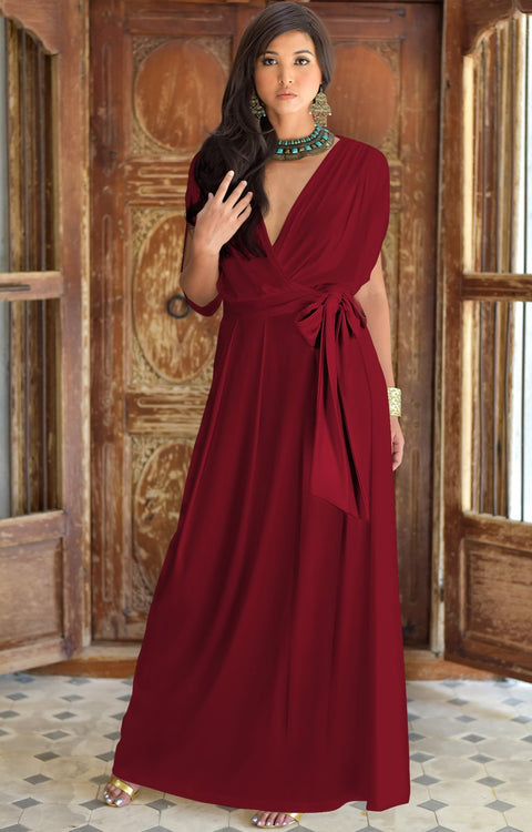 SAMANTHA - Short Sleeve Maxi Dress Flowy Maternity Formal Evening Wear - Crimson Dark Red / 2X Large