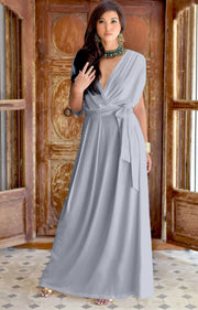 SAMANTHA - Short Sleeve Maxi Dress Flowy Maternity Formal Evening Wear - Gray / Grey / 2X Large