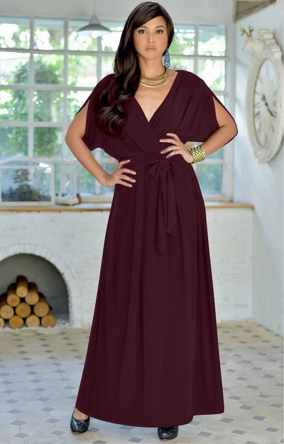 SAMANTHA - Short Sleeve Maxi Dress Flowy Maternity Formal Evening Wear - Maroon Wine Red / 2X Large