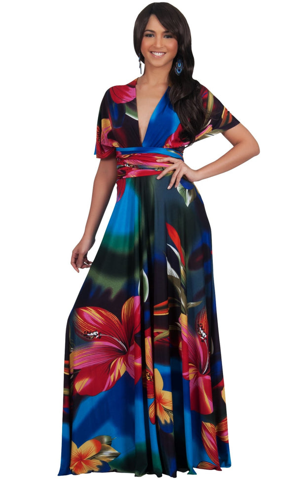 SARAH - Convertible Wrap Maxi Dress with Floral Print - Blue & Red & Green / 2X Large
