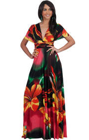 SARAH - Convertible Wrap Maxi Dress with Floral Print - Red & Yellow & Green / 2X Large