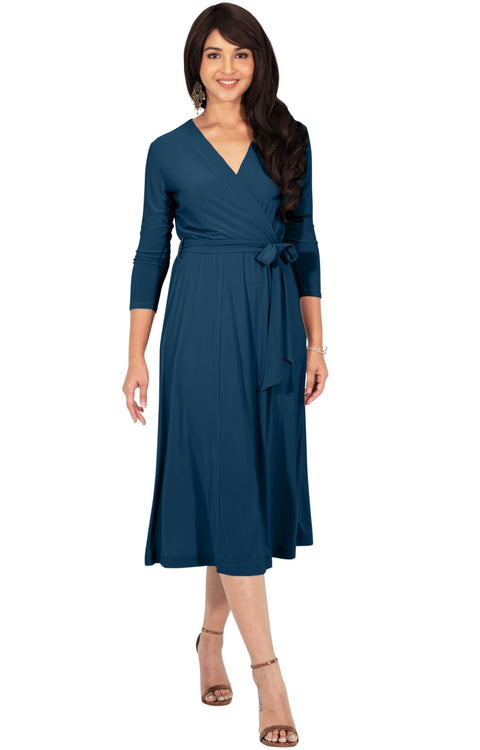 SARITA - Swing V-Neck 3/4 Sleeve Wrap Casual Knee Length Midi Dress
