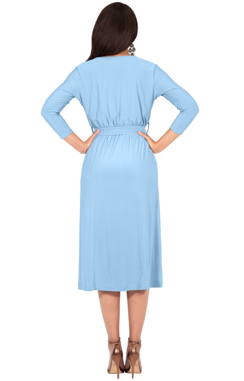 SARITA - Swing V-Neck 3/4 Sleeve Wrap Casual Knee Length Midi Dress