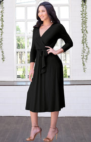 SARITA - Swing V-Neck 3/4 Sleeve Wrap Casual Knee Length Midi Dress - Black / 2X Large