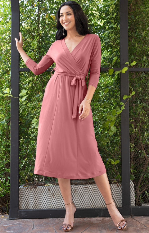 SARITA - Swing V-Neck 3/4 Sleeve Wrap Casual Knee Length Midi Dress - Cinnamon Rose Pink / 2X Large