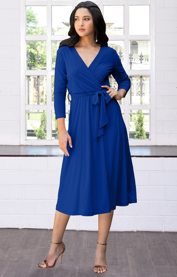 SARITA - Swing V-Neck 3/4 Sleeve Wrap Casual Knee Length Midi Dress - Cobalt Royal Blue / Small