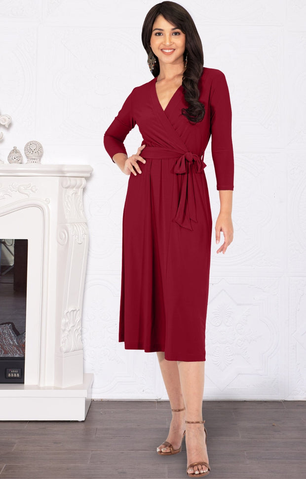 SARITA - Swing V-Neck 3/4 Sleeve Wrap Casual Knee Length Midi Dress - Crimson Dark Red / Medium
