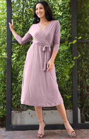 SARITA - Swing V-Neck 3/4 Sleeve Wrap Casual Knee Length Midi Dress - Dusty Pink / 2X Large