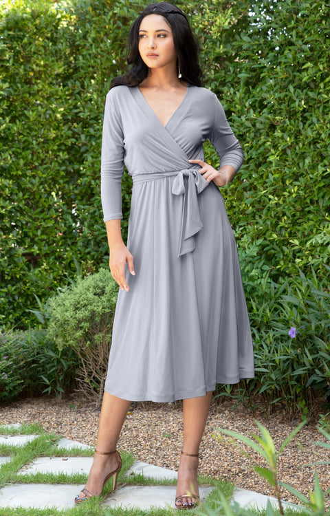 SARITA - Swing V-Neck 3/4 Sleeve Wrap Casual Knee Length Midi Dress - Gray Grey / Small