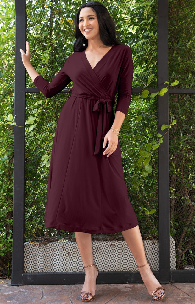 SARITA - Swing V-Neck 3/4 Sleeve Wrap Casual Knee Length Midi Dress - Maroon Wine Red / 2X Large