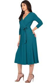 SARITA - Womens V-Neck 3/4 Sleeve Knee Length Waist Tie Midi Dress