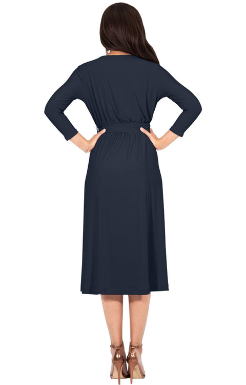 SARITA - Womens V-Neck 3/4 Sleeve Knee Length Waist Tie Midi Dress