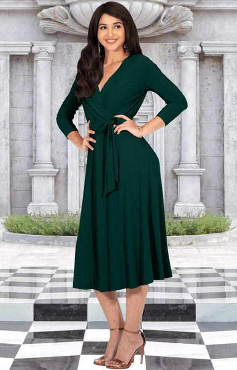 SARITA - Womens V-Neck 3/4 Sleeve Knee Length Waist Tie Midi Dress - Emerald Green / Small
