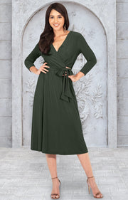 SARITA - Womens V-Neck 3/4 Sleeve Knee Length Waist Tie Midi Dress - Olive Green / Small