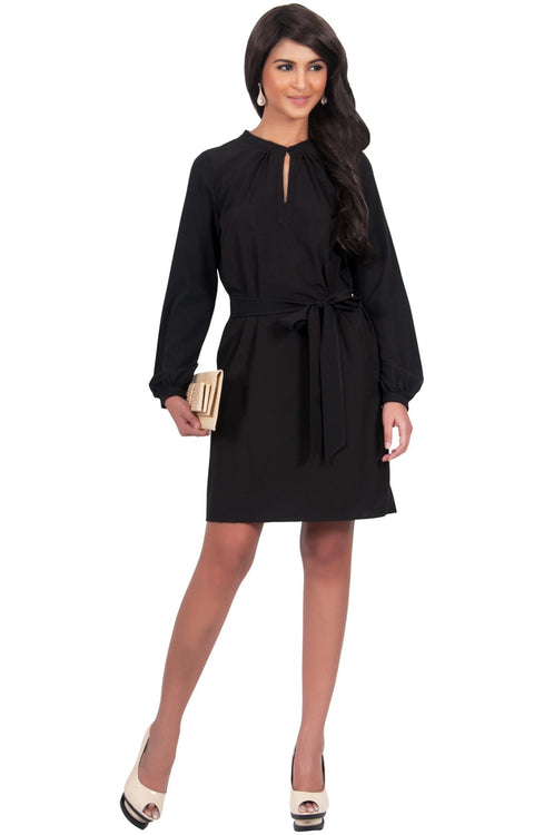SCARLETT - Long Sleeve Knee Length Dress with Belt - Black / 2X Large