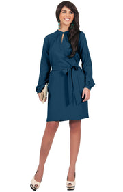 SCARLETT - Long Sleeve Knee Length Dress with Belt - Blue Teal / 2X Large
