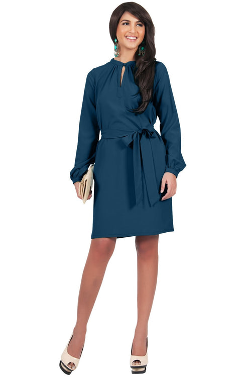 SCARLETT - Long Sleeve Knee Length Dress with Belt - Blue Teal / 2X Large