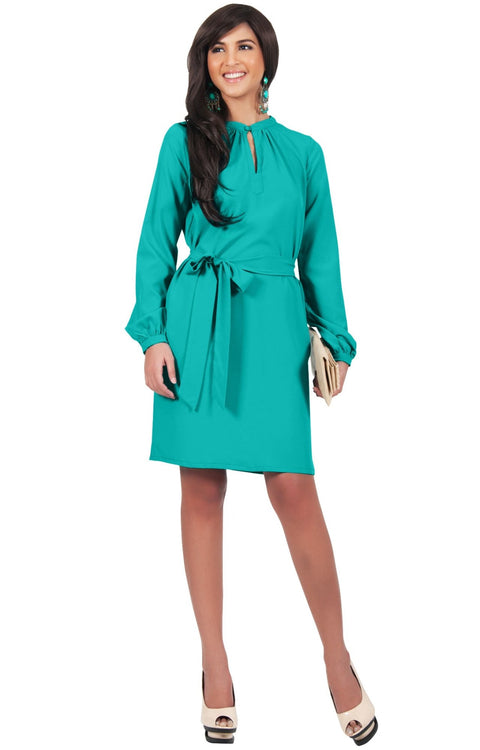 SCARLETT - Long Sleeve Knee Length Dress with Belt - Turquoise / 2X Large