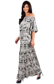 SHARON - Short Sleeve Print One Shoulder Flowy Casual Maxi Dress