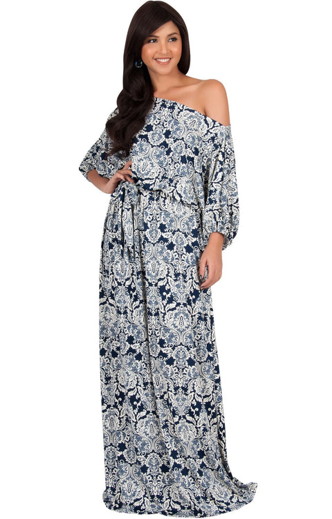 SHARON - Short Sleeve Print One Shoulder Flowy Casual Maxi Dress - Navy Blue & White / 2X Large