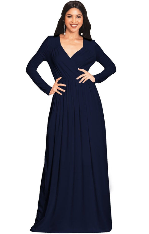 SKYLAR - Long Sleeve Empire Waist Modest Fall Flowy Maxi Dress Gown - Dark Navy Blue / 2X Large