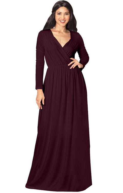 SKYLAR - Long Sleeve Empire Waist Modest Fall Flowy Maxi Dress Gown - Maroon Wine Red / Medium